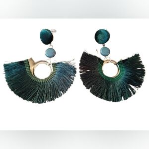 Dark Green Velvet Stud Ombre Fringe Fan Earrings Bohemian tassel festival style
